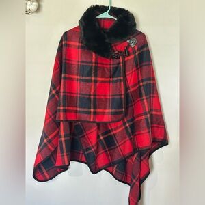 Red and Black Plaid Poncho Cape with Faux Fur Collar